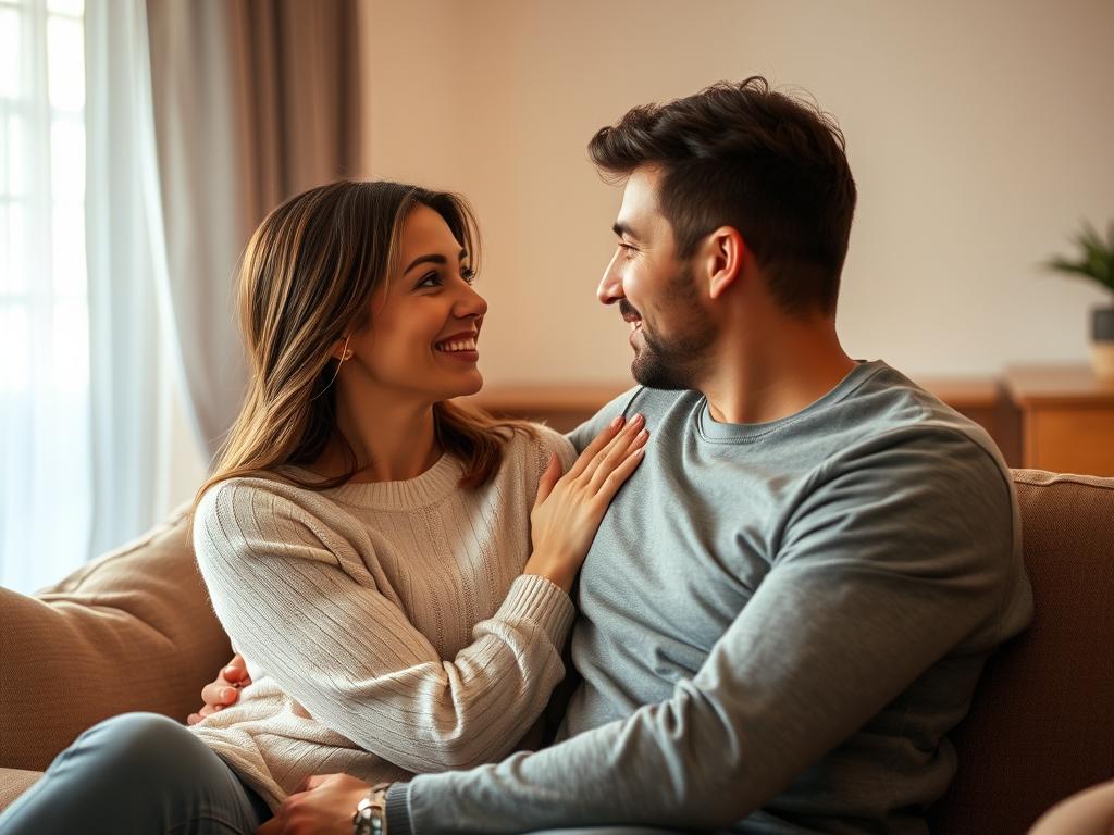A loving couple in an intimate conversation, sitting together on a comfortable couch in a warm, softly lit living room. The man and woman are facing each other, their bodies angled towards one another, their eyes locked in a deep, meaningful gaze. Their posture and facial expressions convey a sense of openness, understanding, and mutual respect as they engage in an earnest discussion. The room is filled with a sense of tranquility and emotional connection, reflecting the importance of communication in fostering harmony within their marriage.
