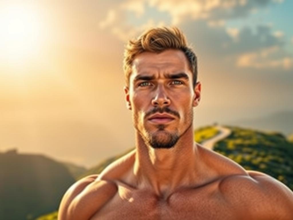 Glaube an Visionen – Entfalte Dein Potenzial 1 A man standing tall, his gaze filled with unwavering determination, against a backdrop of a glowing, vibrant landscape. The sun's warm rays illuminate his face, casting a soft, inspirational glow. The foreground features a strong, muscular figure, symbolizing the power of self-belief and the ability to turn dreams into reality. In the middle ground, a winding path leads towards a distant horizon, representing the journey of personal growth and the realization of one's full potential. The background showcases a lush, verdant environment, evoking a sense of hope, opportunity, and the boundless possibilities that come with embracing one's vision.