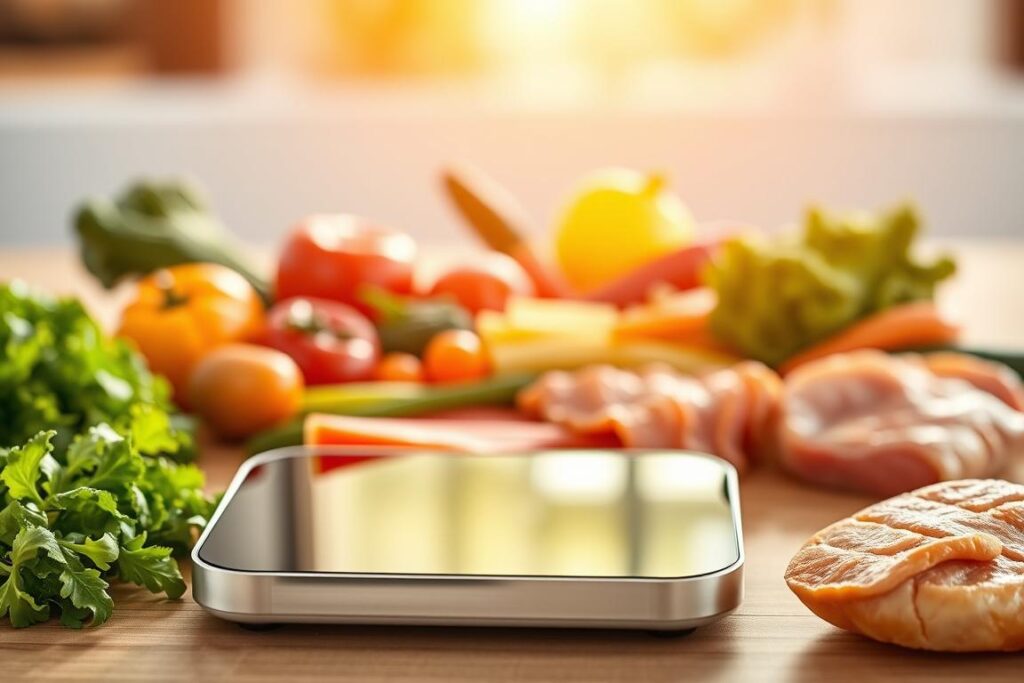 A meticulously balanced scene of a calorie deficit for weight loss. In the foreground, a sleek digital scale displays a modest calorie count, representing a sustainable deficit. In the middle ground, an array of fresh, vibrant vegetables and lean proteins convey a nourishing, balanced diet. The background is bathed in warm, natural lighting, evoking a sense of health and well-being. The overall composition suggests a mindful, gradual approach to weight management, emphasizing moderation and nutrition over extremes. The image radiates a feeling of control, clarity, and steady progress towards one's fitness goals. A meticulously balanced scene of a calorie deficit for weight loss. In the foreground, a sleek digital scale displays a modest calorie count, representing a sustainable deficit. In the middle ground, an array of fresh, vibrant vegetables and lean proteins convey a nourishing, balanced diet. The background is bathed in warm, natural lighting, evoking a sense of health and well-being. The overall composition suggests a mindful, gradual approach to weight management, emphasizing moderation and nutrition over extremes. The image radiates a feeling of control, clarity, and steady progress towards one's fitness goals.