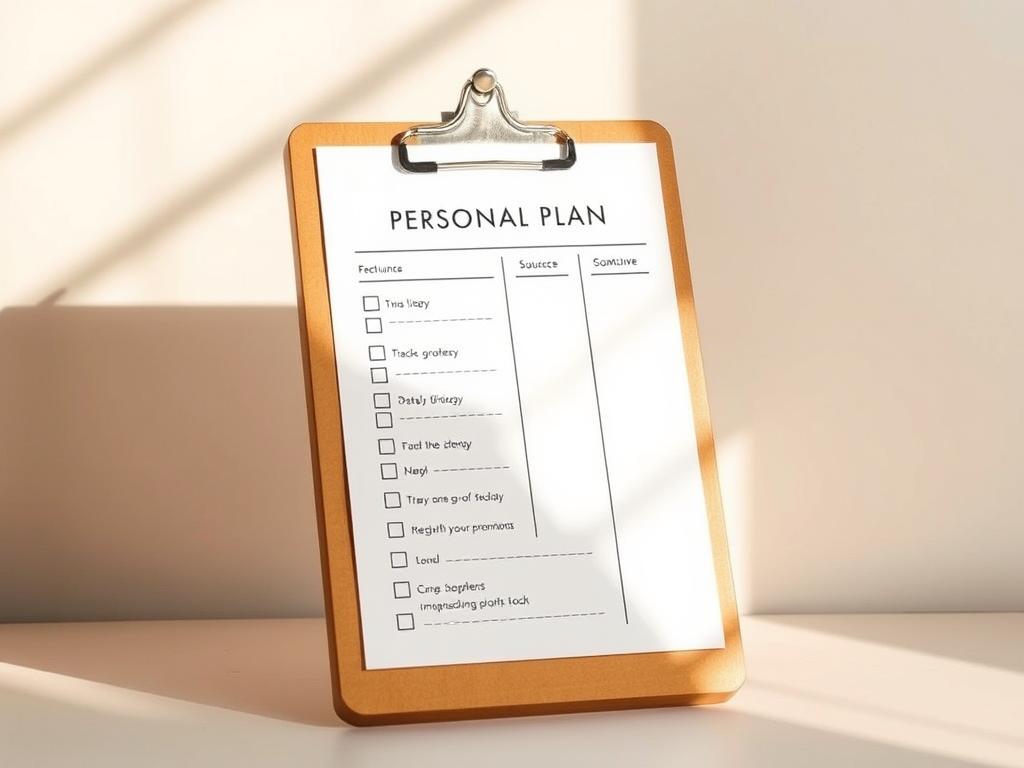A meticulously crafted personal plan, displayed on a wooden clipboard against a clean, minimalist background. The plan features neatly organized sections and checkboxes, inviting the viewer to envision their own path to success. Warm, natural lighting casts a soft glow, creating a sense of focus and intention. The overall atmosphere exudes a balanced, serene, and empowering vibe, inspiring the viewer to take charge of their personal growth journey.
