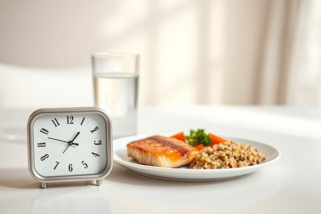 A minimalist still life arrangement depicting the key elements of the 16:8 diet. In the foreground, a simple digital clock face displays the time 16:00, representing the fasting window. In the middle ground, a glass of water and a plate with a healthy, balanced meal - perhaps grilled fish, roasted vegetables, and a small serving of whole grains. The background features a clean, neutral-toned environment with soft, natural lighting, conveying a sense of tranquility and wellness. The overall composition emphasizes the simplicity and balance central to the 16:8 diet lifestyle. A minimalist still life arrangement depicting the key elements of the 16:8 diet. In the foreground, a simple digital clock face displays the time 16:00, representing the fasting window. In the middle ground, a glass of water and a plate with a healthy, balanced meal - perhaps grilled fish, roasted vegetables, and a small serving of whole grains. The background features a clean, neutral-toned environment with soft, natural lighting, conveying a sense of tranquility and wellness. The overall composition emphasizes the simplicity and balance central to the 16:8 diet lifestyle.