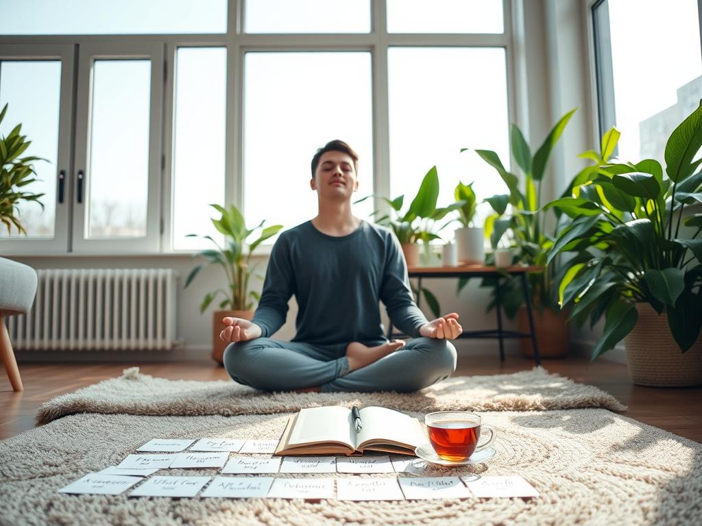 A modern, minimalist home interior with abundant natural light streaming through large windows. In the foreground, a person sits cross-legged on a plush rug, eyes closed in meditation, surrounded by affirmation cards placed thoughtfully on the floor. The middle ground features a small table with a journal, pen, and a cup of tea, symbolizing the integration of affirmations into daily life. The background showcases lush, vibrant house plants, adding a calming, grounding presence. The overall scene radiates a sense of tranquility, focus, and personal growth, reflecting the power of affirmations in one's everyday routine.