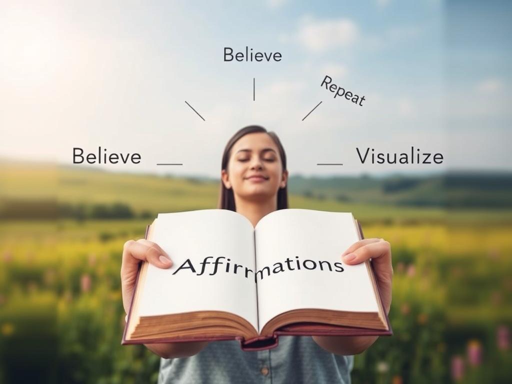 Entdecke, wie Du Affirmationen richtig anwenden kannst 3 A neatly organized step-by-step illustration for applying affirmations. The frame is divided into three distinct sections - foreground, middle, and background. In the foreground, a person's hands hold an open book with the title "Affirmations" written on it. The middle ground depicts the person's face in a serene, focused expression, with words like "Believe", "Repeat", and "Visualize" surrounding them. The background showcases a tranquil landscape, perhaps a meadow or garden, with soft lighting and a calming atmosphere. The overall composition guides the viewer through the process of using affirmations, conveying a sense of clarity, mindfulness, and personal growth.