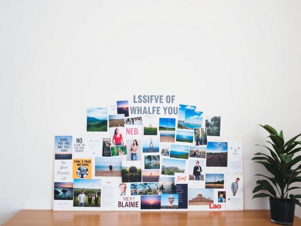 Glaube an Visionen – Entfalte Dein Potenzial 2 A neatly organized vision board, meticulously crafted against a serene white backdrop. In the foreground, a collage of inspiring imagery - motivational quotes, vibrant nature scenes, and dreamlike visions. The middle layer showcases an assortment of carefully curated cut-outs, symbolizing the user's aspirations and goals. The background is a soft, diffused light, creating a calming, focused atmosphere. Evident attention to detail, with each element thoughtfully arranged to form a harmonious, visually striking whole. This vision board serves as a tangible representation of the user's path to self-discovery and personal growth.
