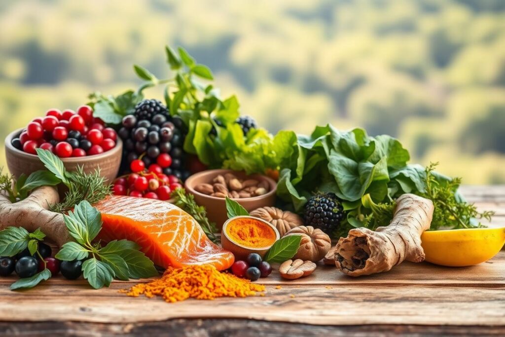 A nourishing still life arrangement featuring anti-inflammatory ingredients, captured in a warm, natural light. In the foreground, a selection of whole foods like salmon, turmeric, ginger, and leafy greens are artfully displayed on a rustic wooden surface. The middle ground showcases vibrant berries, nuts, and herbs, while the background features a soft, blurred landscape with hints of lush foliage. The overall composition evokes a sense of health, vitality, and culinary inspiration, perfectly suited to illustrate the article's section on integrating anti-inflammatory foods into one's diet. A nourishing still life arrangement featuring anti-inflammatory ingredients, captured in a warm, natural light. In the foreground, a selection of whole foods like salmon, turmeric, ginger, and leafy greens are artfully displayed on a rustic wooden surface. The middle ground showcases vibrant berries, nuts, and herbs, while the background features a soft, blurred landscape with hints of lush foliage. The overall composition evokes a sense of health, vitality, and culinary inspiration, perfectly suited to illustrate the article's section on integrating anti-inflammatory foods into one's diet.