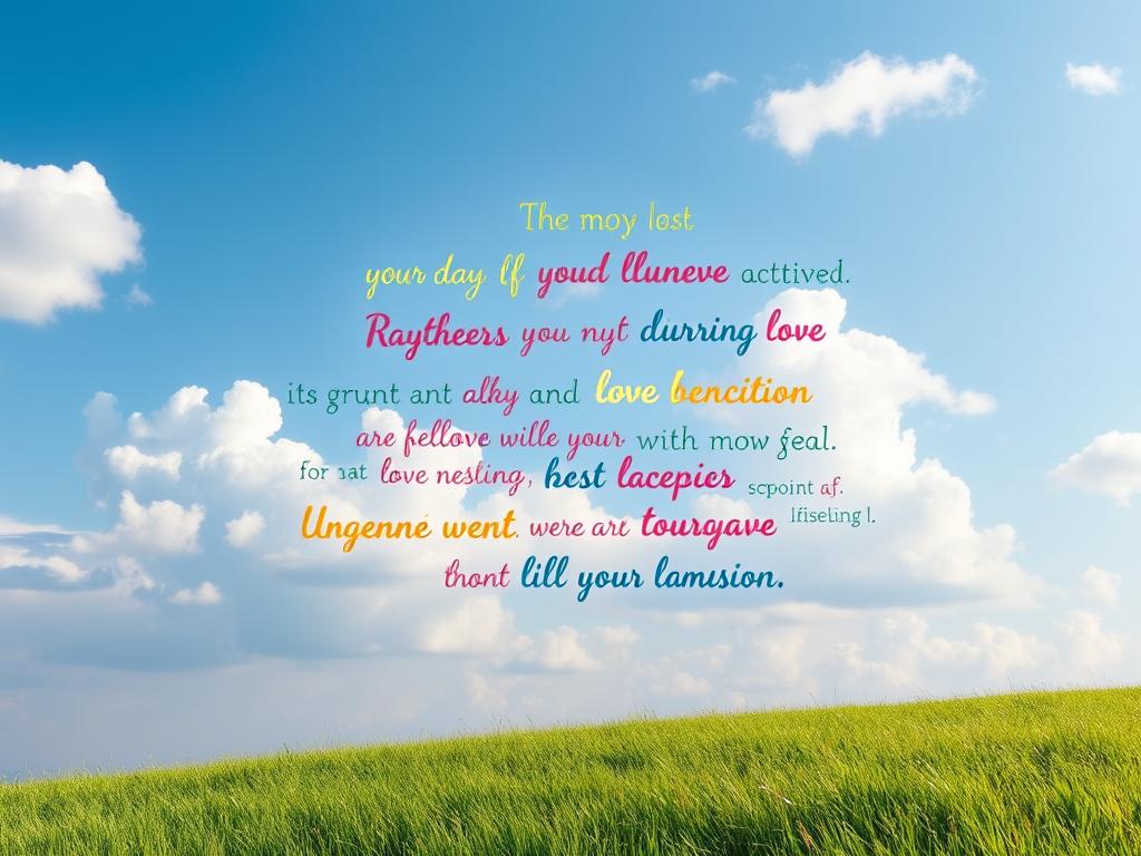 A peaceful and serene landscape with a calming blue sky, fluffy white clouds, and a lush green meadow in the foreground. In the center of the frame, a collection of colorful handwritten positive affirmations are floating gently, each one radiating a soft glow. The affirmations are written in a variety of elegant scripts and styles, creating a visually engaging and inspirational composition. The lighting is soft and diffused, creating a warm and inviting atmosphere that encourages reflection and personal growth. The camera angle is slightly elevated, allowing the viewer to take in the full scene and feel immersed in the positive energy.