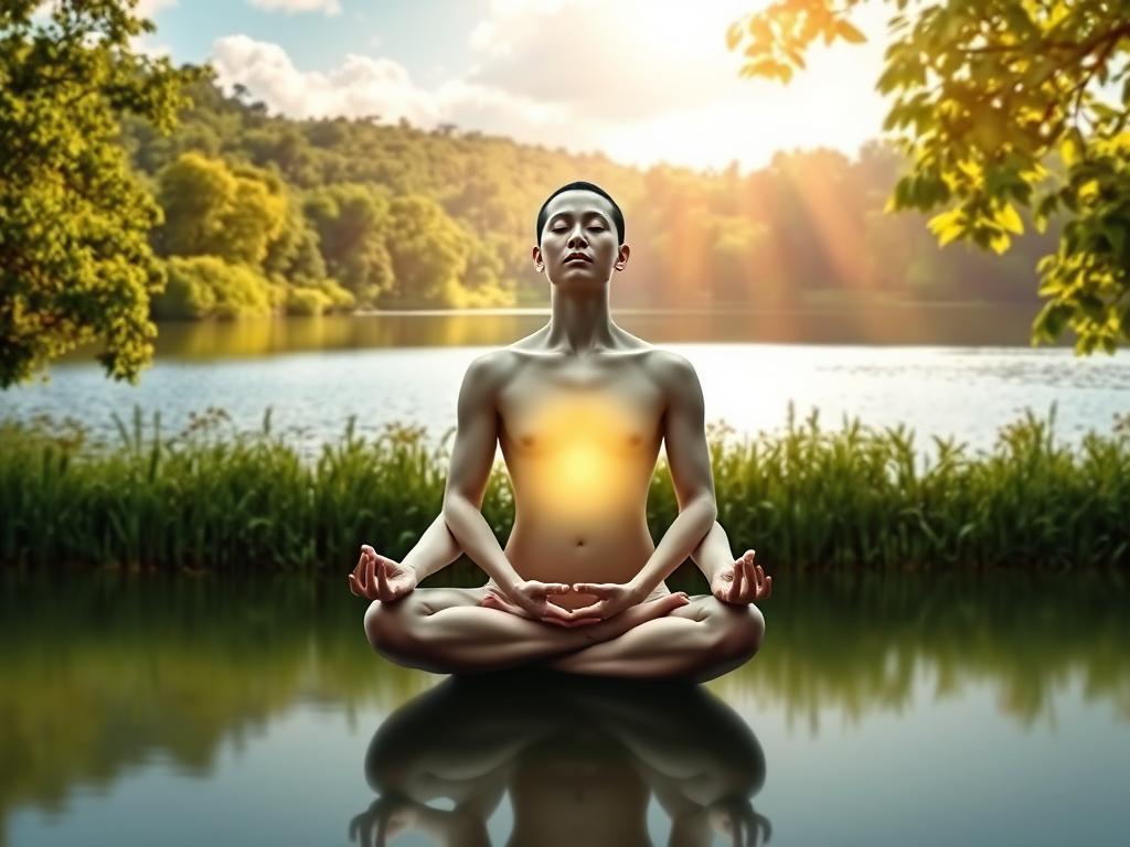 Selbstheilung durch Glaube – Dein Weg zu innerer Stärke 3 A peaceful and serene landscape, with a tranquil lake reflecting the sky above. In the foreground, a human figure sits cross-legged, deep in meditation, their eyes closed and expression calm. The figure's body glows with a soft, ethereal light, symbolizing the connection between the physical and the spiritual. The background features lush, verdant foliage, with rays of warm, golden sunlight filtering through the leaves, creating a sense of unity and harmony. The scene conveys a deep sense of introspection, balance, and the intertwining of the corporeal and the metaphysical.