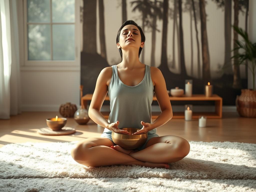 Tiefenentspannung für Affirmationen – Jetzt Starten! 3 A peaceful, calming scene of a person practicing deep breathing techniques for relaxation. The foreground features a person sitting cross-legged on a plush rug, their eyes closed in deep meditation, hands resting gently on their lap. Soft, natural lighting filters in from the background, creating a warm, soothing atmosphere. The middle ground showcases various relaxation tools like a singing bowl, candles, and crystals arranged in a minimalist, zen-inspired display. The background depicts a serene, nature-inspired setting, such as a tranquil forest or a calming beach, to further enhance the sense of tranquility. The overall mood is one of profound serenity, inner calm, and restorative relaxation.
