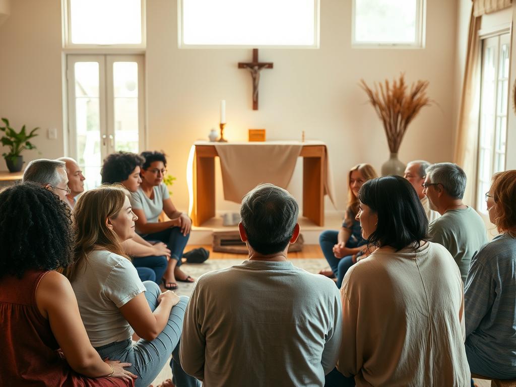 Glaubensarbeit im Alltag: Finde Deine Mitte 2 A peaceful gathering of diverse individuals in a cozy, sunlit room, their faces reflecting deep contemplation and a shared sense of community. The foreground features a group of people sitting in a circle, their postures relaxed yet focused, engaged in thoughtful discussion. The middle ground showcases a simple, yet elegant altar with symbolic religious items, illuminated by soft, natural light filtering through large windows. The background depicts a serene, minimalist interior, with warm, earthy tones and simple furnishings that create a calming, introspective atmosphere. The overall composition conveys a sense of faith, introspection, and the strength found in shared spiritual practice.