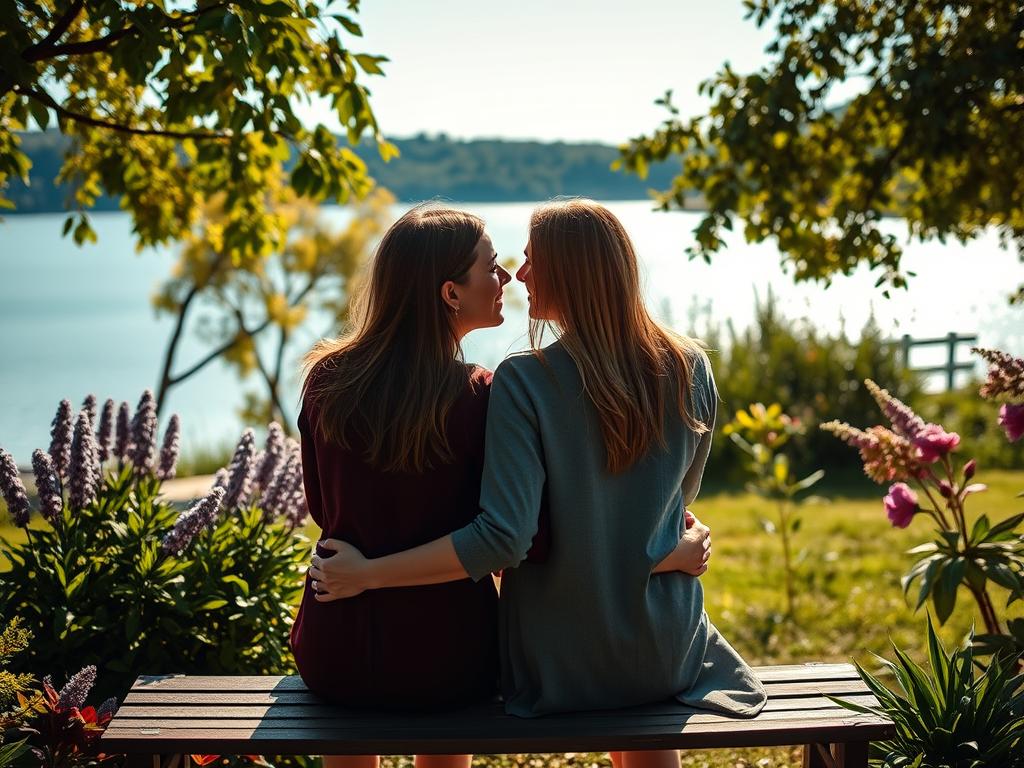 A peaceful, harmonious couple sitting closely together on a bench in a lush, verdant garden. Soft, warm lighting bathes the scene, creating an intimate, romantic atmosphere. The partners gaze lovingly into each other's eyes, their body language conveying a deep sense of connection and understanding. In the background, a serene lake shimmers under a clear, azure sky, further enhancing the tranquil mood. The overall composition suggests the profound importance of marital harmony, a central theme in the featured article.