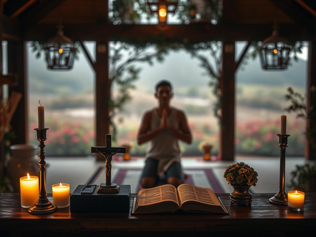 Stärke deinen Glauben Übungen für tägliche Praxis 3 A peaceful sanctuary adorned with symbolic objects, bathed in warm, ambient lighting. In the foreground, a wooden altar with a simple cross, candles, and a book of scriptures. In the middle ground, a person kneeling in reverent prayer, their hands clasped, eyes closed in deep meditation. The background is a serene landscape, perhaps a garden or a serene natural setting, with soft, hazy edges, conveying a sense of tranquility and introspection. The overall atmosphere is one of quiet contemplation, inviting the viewer to engage in their own daily rituals of faith and spiritual renewal.