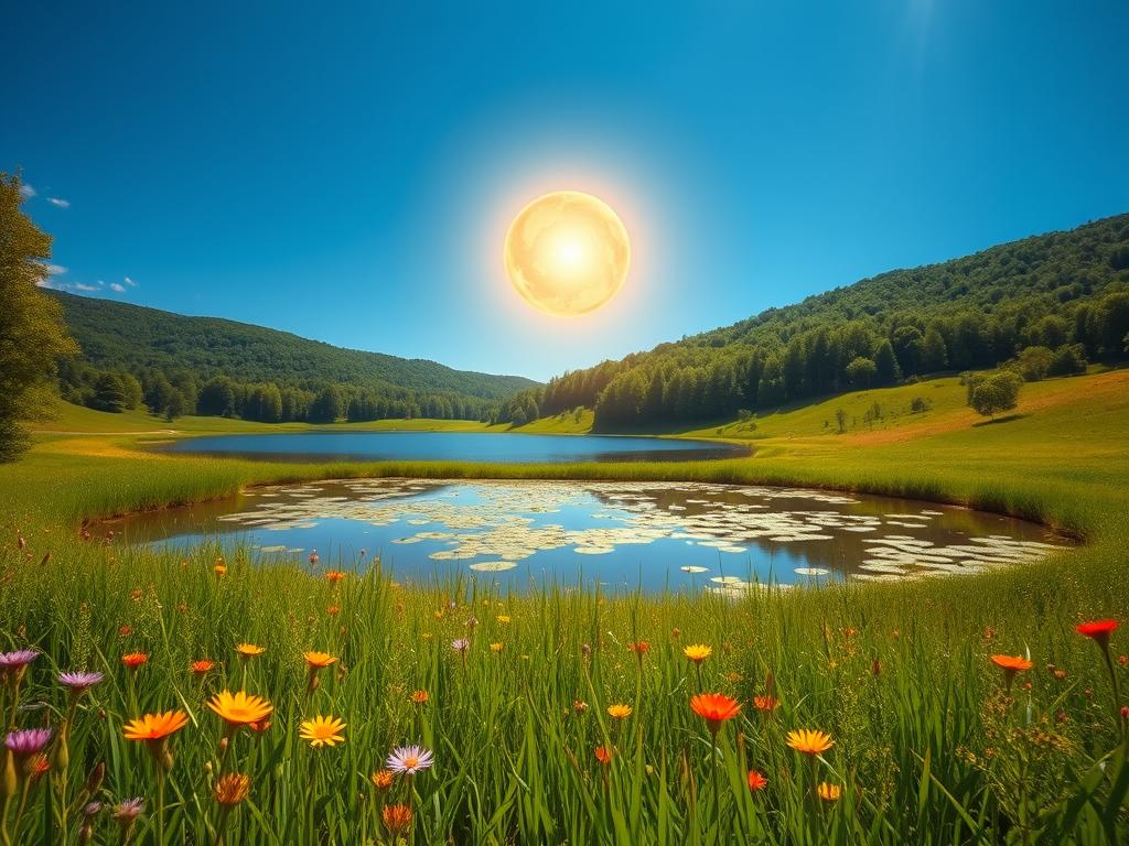 Erschaffe Wohlstand: Fülle durch Affirmationen 2 A peaceful, sun-drenched meadow filled with lush, verdant grass and vibrant wildflowers in the foreground. In the middle ground, a serene, tranquil pond reflects the azure sky above, its surface dotted with lily pads. In the background, a gently rolling hill is crowned with a dense, verdant forest, bathed in soft, diffused natural light. Hovering above the scene, a glowing, golden orb represents the power and abundance of affirmations, casting a warm, radiant glow over the entire landscape. The overall mood is one of harmony, prosperity, and spiritual enlightenment.