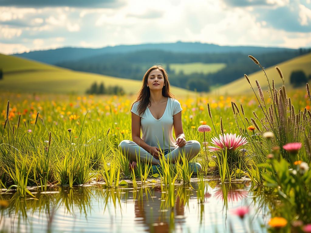 Erkenne Reichtumsblockaden und öffne Deinen Weg 3 A peaceful, sun-drenched meadow, lush with verdant grasses and vibrant wildflowers. In the foreground, a serene pond reflects the tranquil sky, its surface rippling gently. Nestled amidst the flowers, a woman sits cross-legged, eyes closed, hands resting peacefully on her lap. Her expression is one of deep contemplation, as she visualizes financial abundance manifesting all around her. Soft, warm light bathes the scene, creating a sense of calm and inner harmony. In the background, rolling hills and a distant forest frame the peaceful tableau, suggesting a secluded, secluded haven where the mind can focus on realizing its deepest dreams and desires.