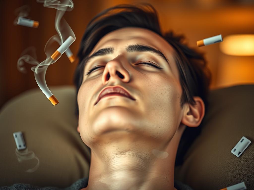 Rauchentwöhnung Hypnose – Der Schlüssel zu Ihrem Erfolg 1 A person in a deep state of relaxation, eyes closed, as they undergo hypnosis therapy for smoking cessation. The scene is set in a warm, calming environment, with soft lighting and soothing colors. The subject is surrounded by symbolic elements, such as floating smoke or nicotine patches, representing the process of overcoming the addiction. The composition emphasizes the tranquility and focus of the individual, conveying the power of the mind to break free from the habit of smoking through hypnosis.