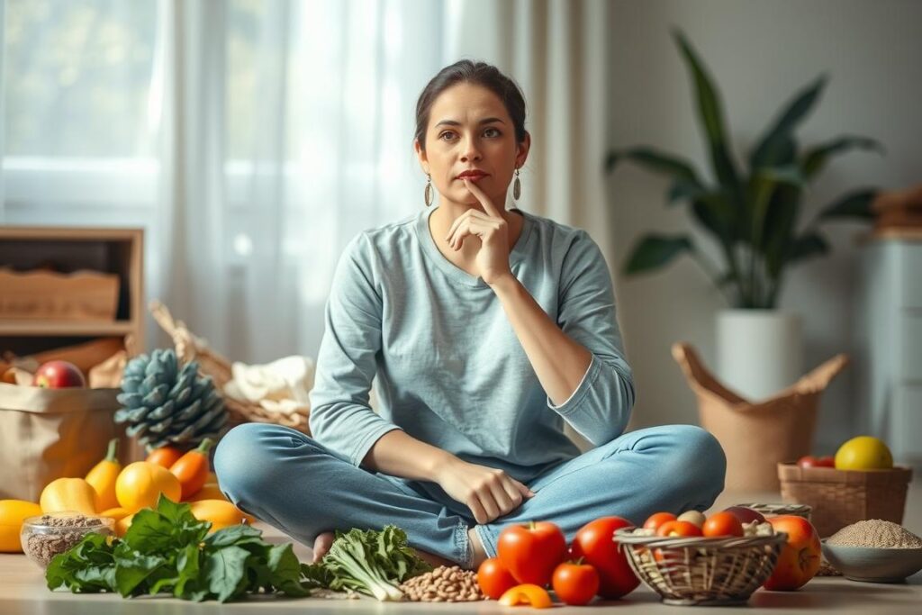 A person in a thoughtful pose, sitting cross-legged on the floor, surrounded by healthy food options like fruits, vegetables, and whole grains. Soft, natural lighting illuminates the scene, creating a calm and introspective atmosphere. The person's expression conveys a sense of focus and determination as they contemplate the importance of a calorie deficit for weight loss. The background is blurred, keeping the attention on the main subject and the healthy food choices that support this goal. A person in a thoughtful pose, sitting cross-legged on the floor, surrounded by healthy food options like fruits, vegetables, and whole grains. Soft, natural lighting illuminates the scene, creating a calm and introspective atmosphere. The person's expression conveys a sense of focus and determination as they contemplate the importance of a calorie deficit for weight loss. The background is blurred, keeping the attention on the main subject and the healthy food choices that support this goal.