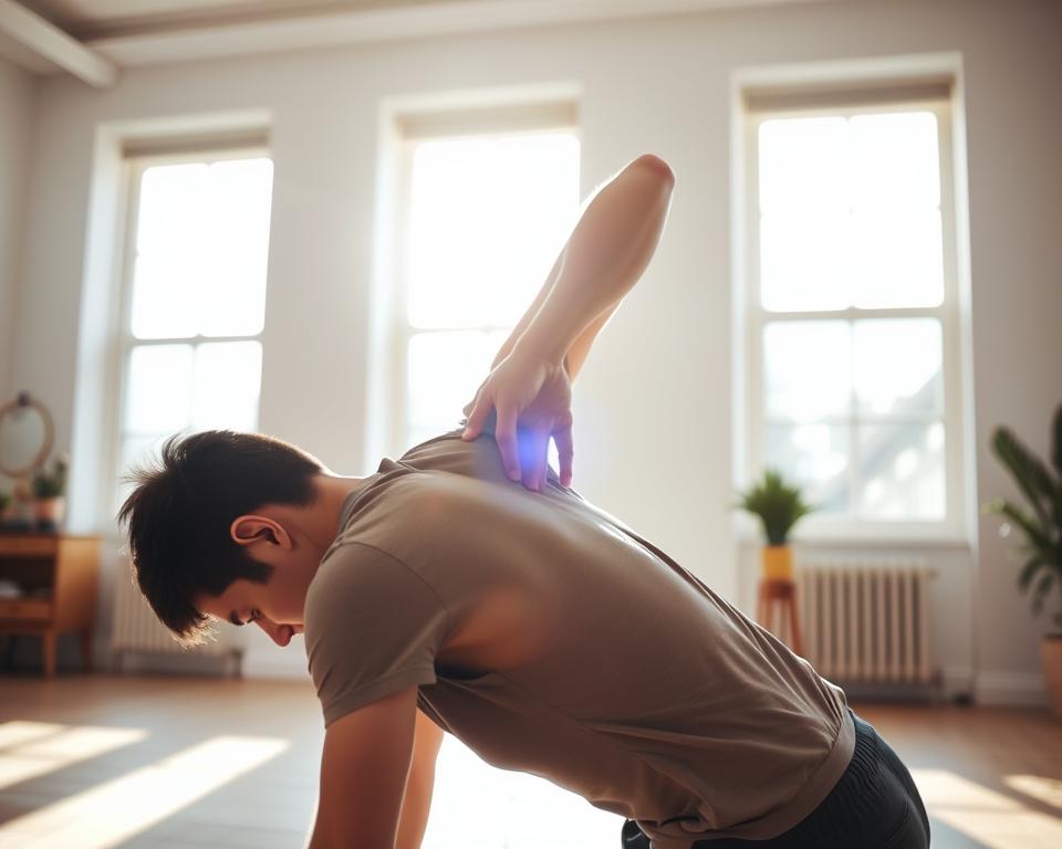 A person leaning forward, intently focused on adjusting their upper back with their hands. They are in a bright, airy room with clean, minimalist decor, bathed in warm, natural lighting from large windows. The pose conveys a sense of care and control as they take matters into their own hands to alleviate their back discomfort. The scene is captured with a medium close-up, emphasizing the subject's careful movements and the serene, contemplative atmosphere.