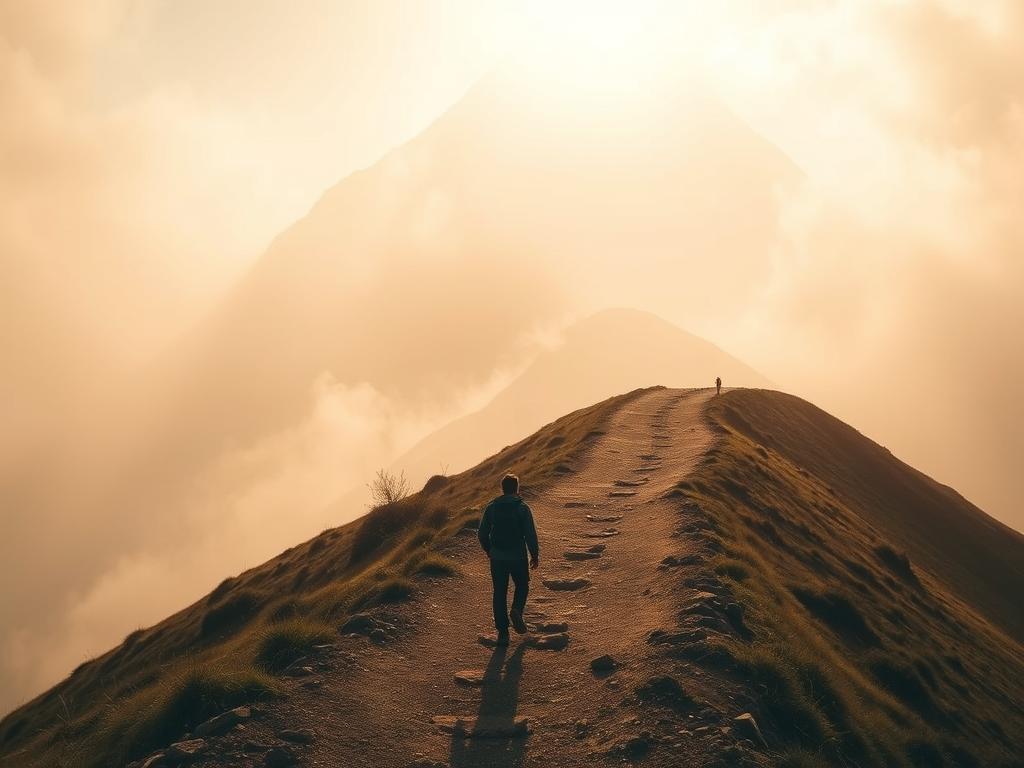 Heilung durch spirituelles Vertrauen – Finden Sie Kraft 3 A person on a winding path, facing a towering mountain range shrouded in mist. The foreground shows their weary steps, the middle ground reveals the challenges of the terrain, and the background depicts the looming, enigmatic peaks - a metaphor for the spiritual journey towards healing. Diffused, golden-hued lighting casts a contemplative, introspective atmosphere. The scene conveys a sense of determination, resilience, and the mysteries that lie ahead on the path to recovery and wholeness.