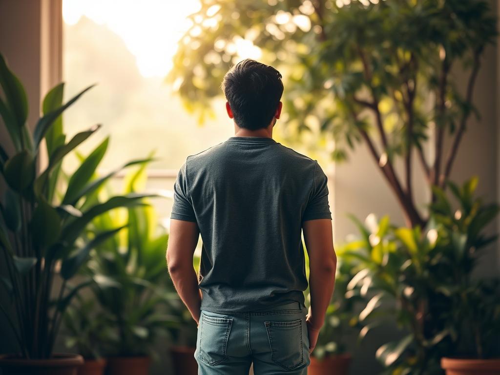A person standing confidently, shoulders back, head held high, radiating an aura of self-assurance. They are surrounded by a warm, inviting atmosphere with soft, natural lighting. In the background, there are lush, verdant plants and trees, symbolizing the growth and nourishment of inner trust. The composition is balanced, with the subject placed off-center, creating a sense of openness and approachability. The overall mood is one of serenity, positivity, and the empowering journey of building self-confidence.