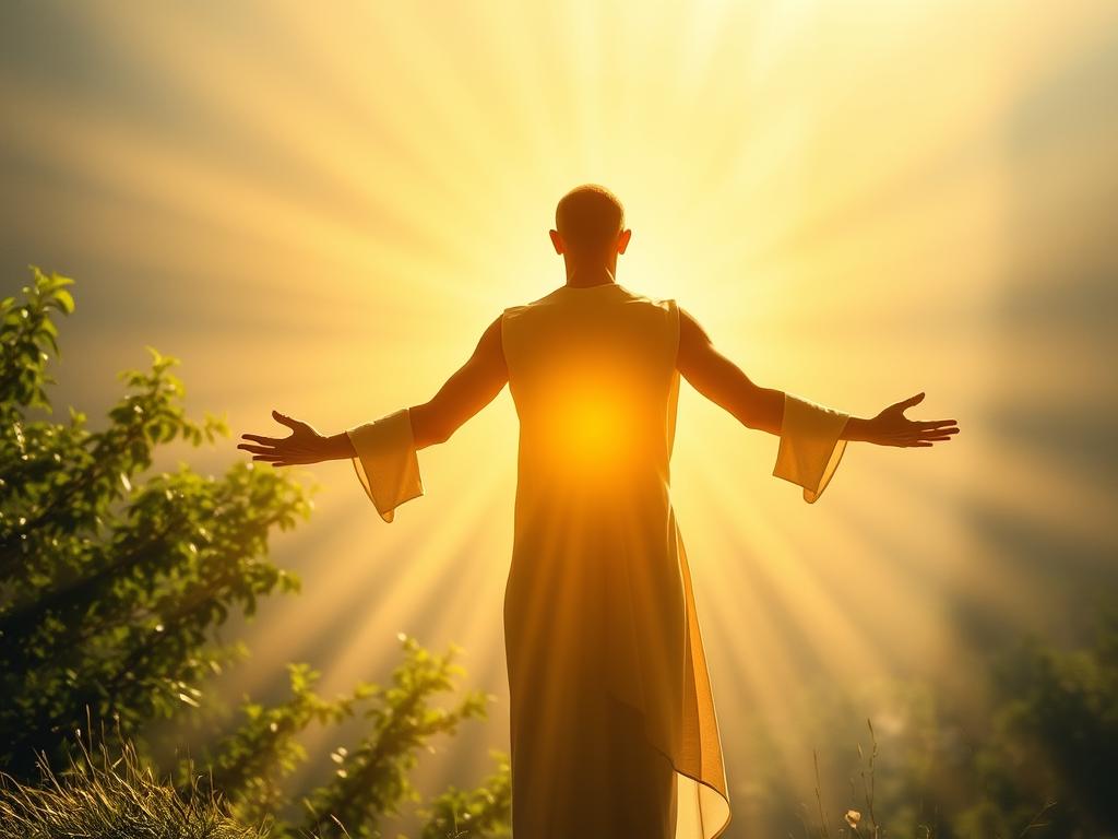 Neuer Glaube, neues Leben: Entfache deine Seele 1 A radiant spiritual force radiates outward, illuminating the surrounding landscape. In the foreground, a figure stands with arms outstretched, their body suffused with a warm, golden glow. Beams of light emanate from their core, casting a soft, reverent light across the scene. In the middle ground, lush, verdant foliage sways gently, as if imbued with the same transformative energy. The background is bathed in a serene, ethereal light, suggesting a sense of transcendence and connection to the divine. The overall mood is one of profound inner awakening, a transformative "Kraft des Glaubens" that inspires and uplifts the soul.