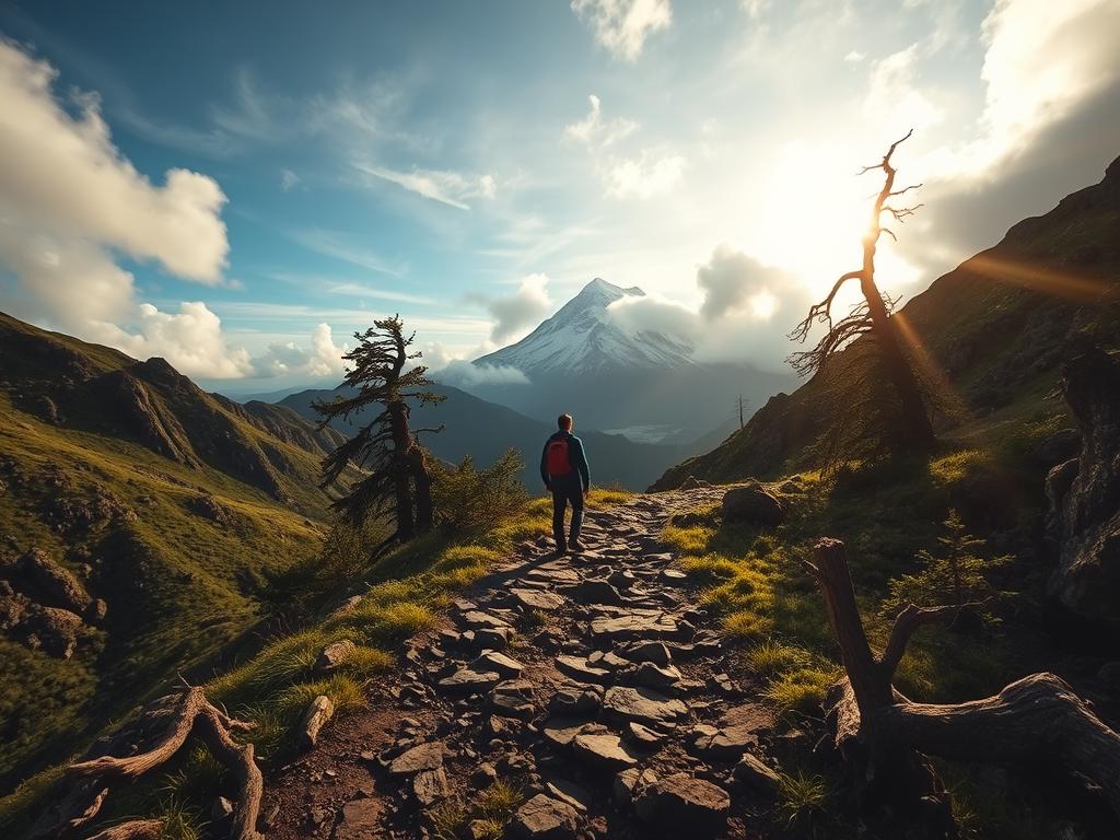 Glaube an Visionen – Entfalte Dein Potenzial 3 A rugged mountain path winds through a lush, verdant landscape, leading towards a distant, snow-capped peak. In the foreground, a lone figure stands resolute, gazing up at the challenge ahead, their silhouette backlit by the warm glow of the sun breaking through the clouds. Textured rock formations and gnarled trees line the path, creating a sense of resilience and determination. The lighting is dramatic, casting long shadows and highlighting the rocky terrain. Wide-angle lens captures the grandeur of the scene, emphasizing the individual's determination in the face of the daunting journey towards their vision.