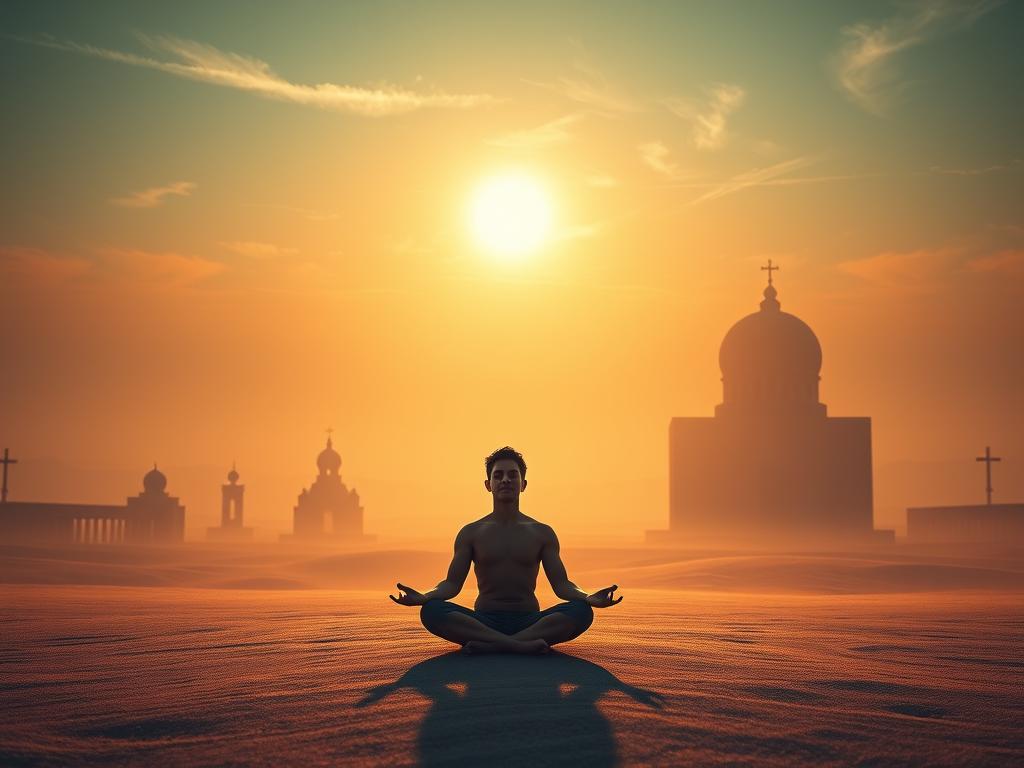 Selbstheilung durch Glaube – Dein Weg zu innerer Stärke 1 A sacred, ethereal landscape illuminated by a warm, golden light. In the foreground, a person sits in a meditative pose, their eyes closed, radiating an aura of inner peace and tranquility. The middle ground features a series of minimalist structures, representing different belief systems, each with its unique architectural style. In the background, a vast, serene sky stretches out, dotted with wispy clouds and a hint of a setting sun. The overall atmosphere conveys a sense of harmony, introspection, and the profound influence of faith on physical and mental well-being.