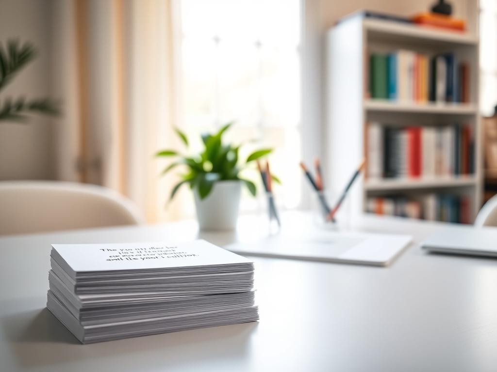 Positives Denken – Abnehmen Affirmationen für dich 3 A serene and calming home office scene, with a desk displaying a stack of affirmation cards in the foreground. Soft, natural lighting filters through a nearby window, casting a warm glow on the workspace. In the middle ground, a potted plant and a minimalist, elegant pen holder accentuate the tranquil ambiance. The background features a neatly organized bookshelf, hinting at a space dedicated to personal growth and self-improvement. The overall atmosphere radiates a sense of focus, introspection, and the empowering nature of positive self-talk.