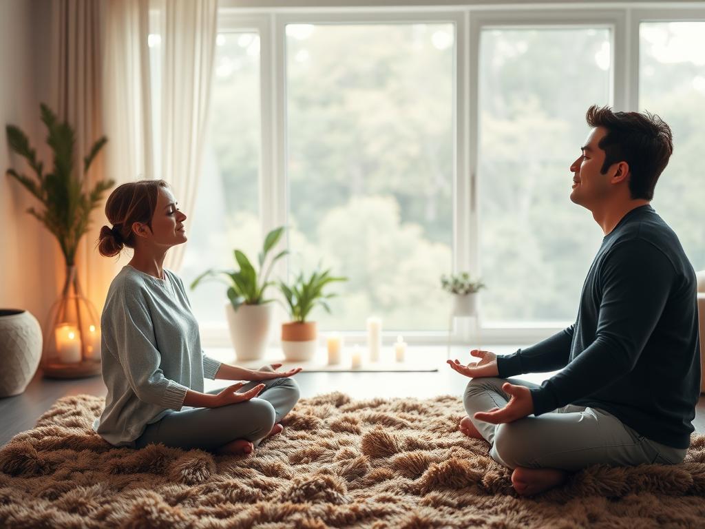 A serene and calming scene of a couple engaged in mindfulness exercises together. In the foreground, two people sit cross-legged on a plush, earth-toned rug, their eyes closed in peaceful meditation. Soft natural light filters through sheer curtains, creating a warm, diffused glow. In the middle ground, potted plants and candles create a tranquil, spa-like atmosphere. The background features a minimalist, Scandinavian-inspired room with neutral-toned walls and a large window overlooking a lush, verdant landscape. The overall mood is one of deep connection, introspection, and harmonious intimacy.