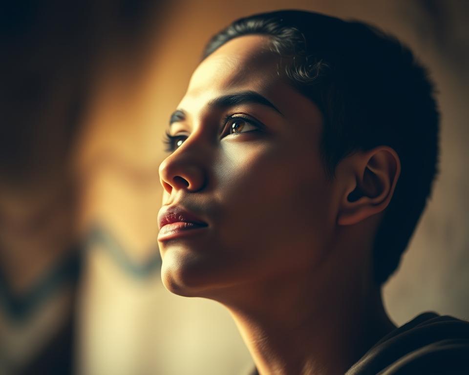 A serene and contemplative portrait of a person deep in thought, captured in a warm, soft-focus style. The subject's face is framed by a halo of light, their gaze directed inward, exuding an aura of self-assurance and inner strength. The background is blurred, with muted, earthy tones that create a sense of tranquility and focus. The overall composition conveys a powerful message of self-belief and introspection, suitable for illustrating a section on inspiring quotes from renowned personalities.