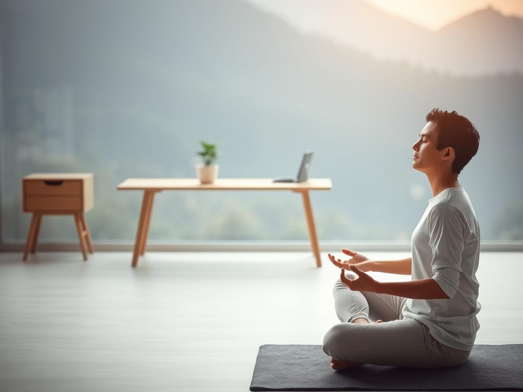 Bewusstes Denken trainieren für ein erfülltes Leben 3 A serene and contemplative scene depicting the art of conscious thinking. In the foreground, a person sits cross-legged in a meditative pose, eyes closed, hands resting gently on their lap. Soft, diffused lighting illuminates their face, creating a sense of inner focus and clarity. The middle ground features a tranquil, minimalist workspace with a wooden desk, a single plant, and a tidy arrangement of writing implements, symbolic of the tools of conscious thought. In the background, an expanse of natural scenery unfolds, perhaps a lush forest or a serene mountain landscape, conveying a sense of harmony between the inner and outer worlds. The overall atmosphere is one of stillness, introspection, and the boundless potential of the human mind.