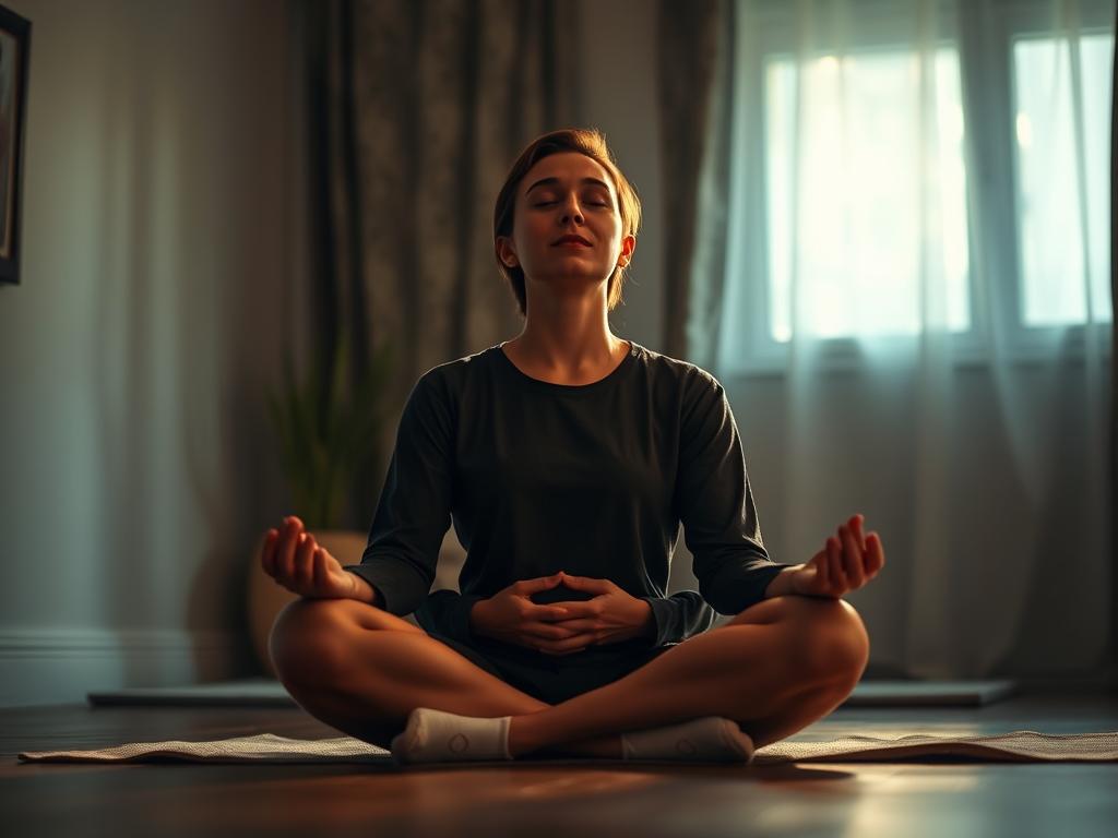 A serene and contemplative scene of a person deep in self-hypnosis. The foreground features a person sitting cross-legged, eyes closed, hands resting peacefully on their lap, immersed in a state of focused meditation. The middle ground depicts a cozy, dimly lit room with soft, warm lighting, creating an atmosphere of introspection and self-discovery. The background features subtly shifting patterns and textures, hinting at the subconscious exploration taking place. The overall composition conveys a sense of inner calm, balance, and the journey of unlocking the depths of the subconscious mind.