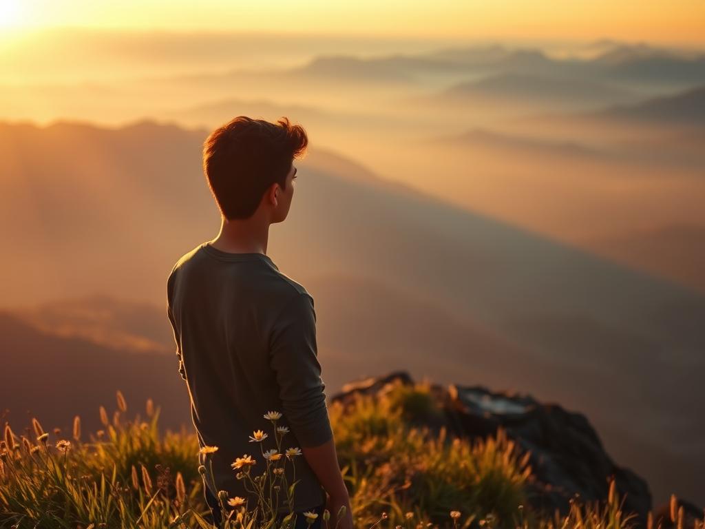 Wage Glaubensschritte ins Unbekannte – Mutig voran 2 A serene and contemplative scene of a person standing atop a cliff, gazing out at a vast, awe-inspiring landscape. The warm, golden light of the setting sun casts a soft, ethereal glow, illuminating the individual's face in a pensive, introspective expression. In the distance, a range of majestic mountains stretches out, their peaks shrouded in a hazy, dreamlike atmosphere. The foreground is dominated by a lush, verdant meadow, with delicate wildflowers swaying gently in the breeze. The overall mood is one of inspiration, inviting the viewer to reflect on their own journey and the unknown paths that lie ahead.