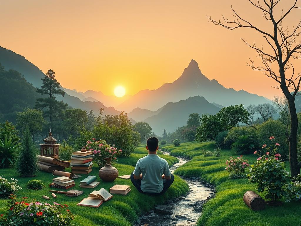Erfolgsfrequenz erhöhen: Der Schlüssel zu Ihrem Erfolg 4 A serene and contemplative scene of continuous learning and personal growth. In the foreground, a person sits cross-legged, deep in thought, surrounded by an array of books, scrolls, and writing implements. The mid-ground features a lush, verdant garden, with flowering plants and a tranquil stream winding through. In the background, a towering mountain range stands tall, bathed in the warm glow of a setting sun, conveying a sense of timelessness and enduring wisdom. The lighting is soft and diffused, creating a calming atmosphere conducive to reflection and introspection. The overall composition suggests a harmonious integration of the intellectual, natural, and spiritual realms, embodying the essence of continuous learning and development.