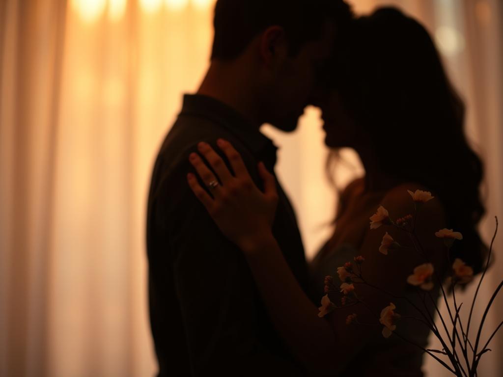 Kommunikation in der Beziehung: Liebesglück finden 1 A serene and intimate couple's embrace, their silhouettes illuminated by soft, warm lighting against a blurred, romantic background. Their hands intertwined, conveying the profound connection and open communication that nourishes their bond. The scene exudes a sense of emotional vulnerability, trust, and the profound power of shared understanding. Delicate floral elements in the periphery add a touch of natural beauty, symbolizing the blossoming of their relationship through the art of meaningful dialogue.