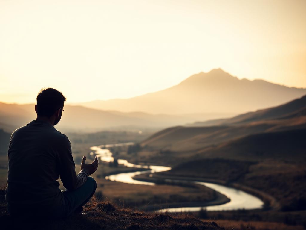 Glaubensarbeit im Alltag: Finde Deine Mitte 4 A serene and introspective journey through the personal development of one's faith. In the foreground, a figure sits in deep contemplation, their hands resting gently in their lap. The middle ground reveals a tranquil landscape, with rolling hills and a meandering stream reflecting the sky's soft hues. In the background, a towering mountain range stands as a symbol of the grandeur and mystery of one's spiritual path. The lighting is warm and diffused, creating a sense of peaceful solitude. The composition is balanced and harmonious, inviting the viewer to pause and immerse themselves in the meditative atmosphere.