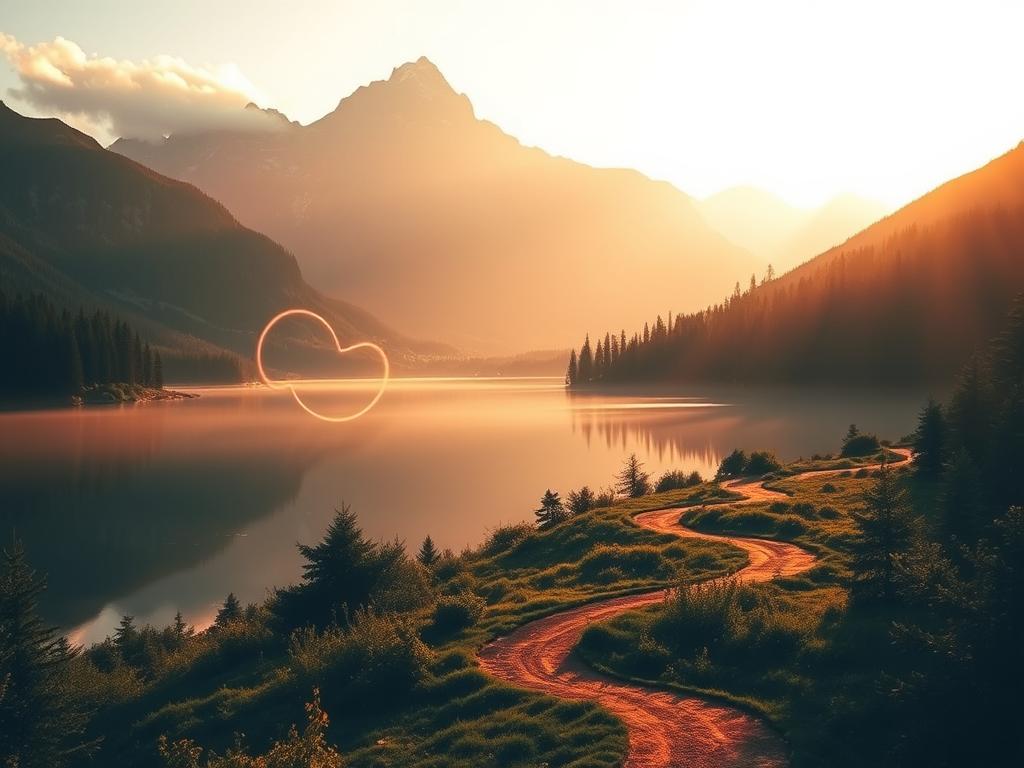 A serene and introspective landscape, bathed in warm, golden light. In the foreground, a tranquil lake reflects the towering mountains in the distance, their peaks kissed by wispy clouds. Winding paths lead through a lush, verdant forest, inviting the viewer to journey inward, towards the untapped potential of the subconscious mind. Subtle wisps of energy and ethereal shapes dance along the surface of the water, symbolizing the mysterious and powerful forces that lie beneath the conscious awareness. The overall atmosphere is one of contemplation, introspection, and a sense of unlocking the hidden depths of the self.