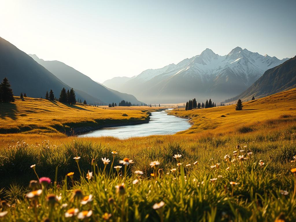 Wohlstand beginnt im Inneren – Finde Dein Glück 1 A serene and introspective landscape reflecting the tranquility of inner well-being. A lush, verdant meadow with wildflowers in the foreground, bathed in warm, golden sunlight. In the middle ground, a gently flowing stream winds its way through the scene, its calming waters mirroring the sky above. Towering, snow-capped mountains rise majestically in the background, their majestic peaks symbolizing the heights of personal fulfillment. Soft, diffused lighting creates a sense of peace and harmony, inviting the viewer to pause and reflect on the deeper aspects of prosperity and contentment. A contemplative, meditative atmosphere pervades the scene, capturing the essence of "innerer Wohlstand" - the profound and lasting happiness that originates from within.