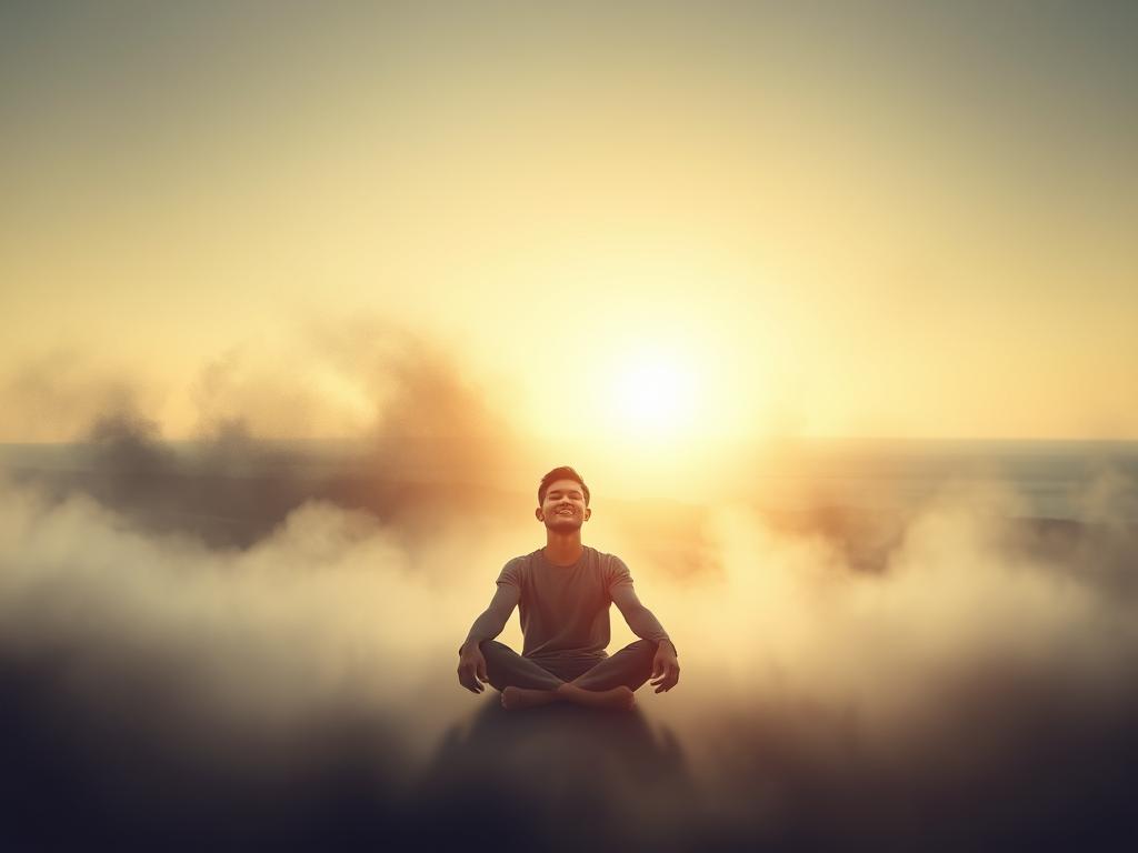 A serene and introspective scene, illuminated by soft, natural lighting. In the foreground, a person sits cross-legged, eyes closed, expression peaceful, as they gently release the weight of emotional burdens. Surrounding them, an abstract landscape of subtly shifting shapes and hues, representing the subconscious mind and the process of letting go. In the background, a distant horizon, hinting at the possibility of a new path forward, free from the constraints of the past. The overall mood is one of introspection, vulnerability, and the liberating power of self-awareness.