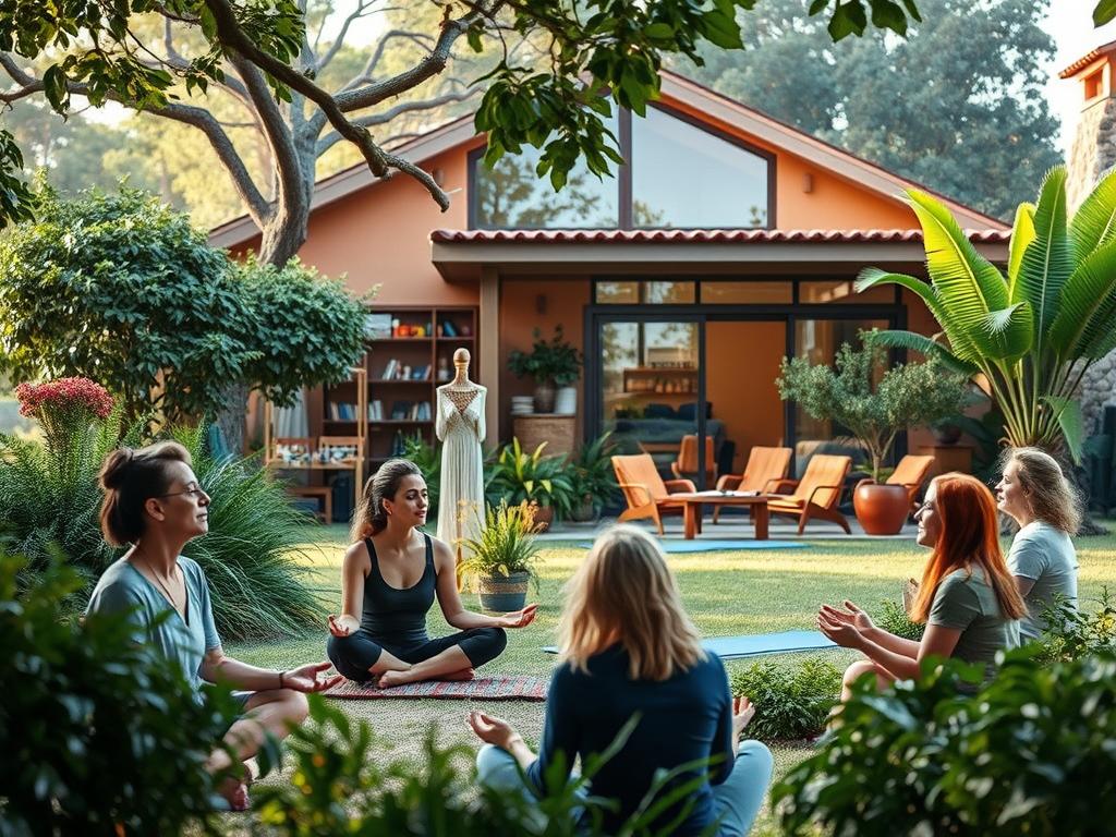 Heilung beginnt hier: Ihre Klinik Psychosomatik 3 A serene and inviting therapy clinic nestled in a lush, verdant landscape. The foreground features a group of patients engaged in a mindfulness exercise, their faces radiating calm and introspection. The middle ground showcases various therapeutic modalities, such as art supplies, yoga mats, and a cozy conversation nook. In the background, the building's warm, earthy tones and large windows create an atmosphere of comfort and healing. Soft, natural lighting filters in, casting a soothing glow over the entire scene. The overall mood is one of tranquility, rejuvenation, and the promise of holistic wellness.