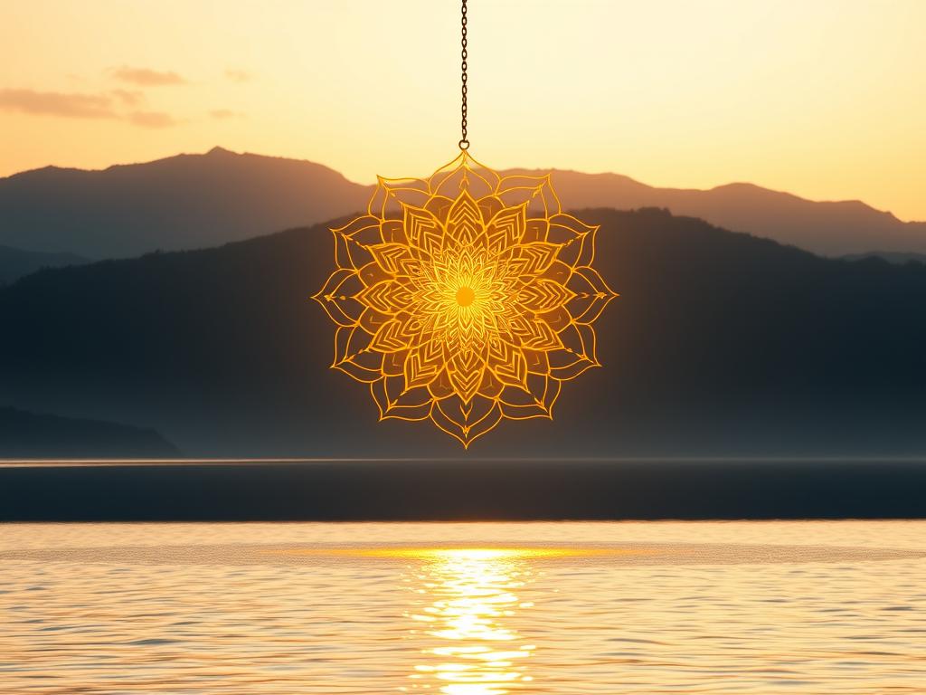 A serene and luminous landscape with a glowing, golden mandala suspended in the center. The mandala is intricate and ornate, its radiating pattern symbolizing the transformative power of spiritual practice. In the foreground, a tranquil body of water reflects the mandala, creating a sense of balance and harmony. The background features a mountainous horizon, bathed in warm, diffused light, evoking a feeling of profound inner peace and clarity. The overall atmosphere is one of contemplation, inviting the viewer to engage in the "Glaubensarbeit für Reichtum" - the spiritual work that leads to abundance and success.