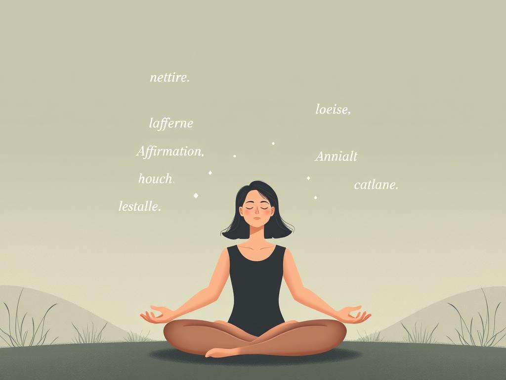 Positives Denken: Affirmationen Psychologie für Dich 1 A serene and minimalist illustration depicting the power of affirmations in psychology. In the foreground, a person sits in a meditative pose, their eyes closed, a peaceful expression on their face. Surrounding them, delicate affirmation phrases float in the air, rendered in a soft, calming color palette. The background features a tranquil, nature-inspired setting, with muted hues and soothing textures, suggesting a sense of harmony and well-being. The overall mood is one of introspection, self-reflection, and the transformative potential of positive thinking. Captured with a soft, diffused lighting, the image conveys the essence of the "Affirmationen Psychologie" concept.