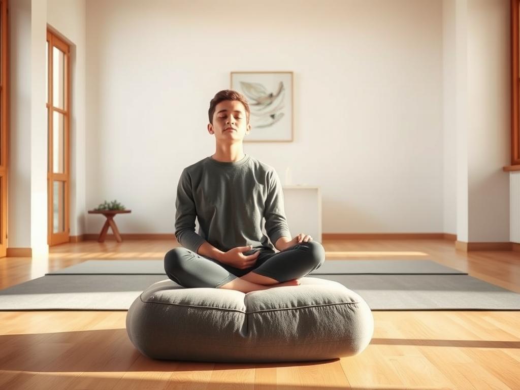 A serene and minimalist meditation studio with warm, natural lighting filtering through large windows. In the foreground, a person sits cross-legged on a plush gray meditation cushion, eyes closed in quiet contemplation. The middle ground features a simple altar with a few candles and a small Buddha statue, creating a calming focal point. The background showcases a plain white wall adorned with a single piece of abstract artwork, lending an air of tranquility. The atmosphere evokes a sense of inner peace and mental clarity, perfectly capturing the essence of "Achtsamkeitstraining und Meditation zur Gedankenhygiene".