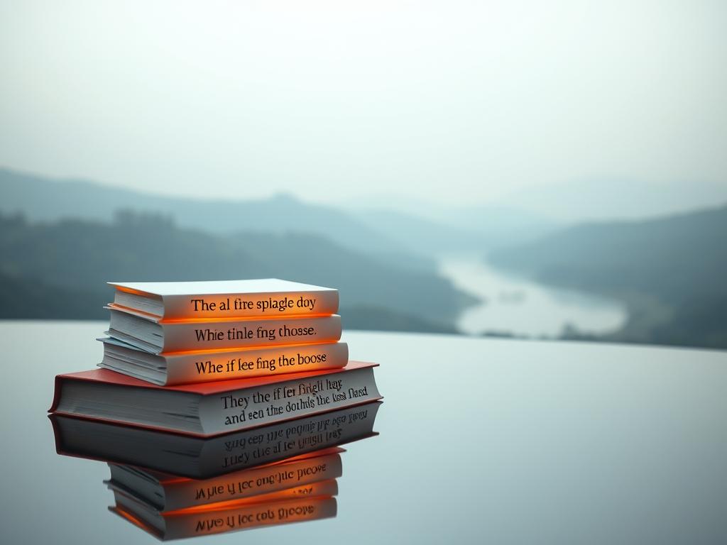 Effektive Affirmationen Abnehmen – Ihr Weg zur Traumfigur 2 A serene and minimalist scene featuring affirmations for weight loss. In the foreground, a stack of glowing books with calligraphic titles float above a tranquil surface, casting warm reflections. In the middle ground, a peaceful landscape unfolds, with rolling hills, a gentle river, and a soft, hazy sky. The lighting is soft and diffused, creating a sense of calm and introspection. The overall mood is contemplative and inspirational, inviting the viewer to engage with the empowering words on the books. The camera angle is slightly elevated, giving a sense of perspective and inviting the viewer to immerse themselves in the scene.