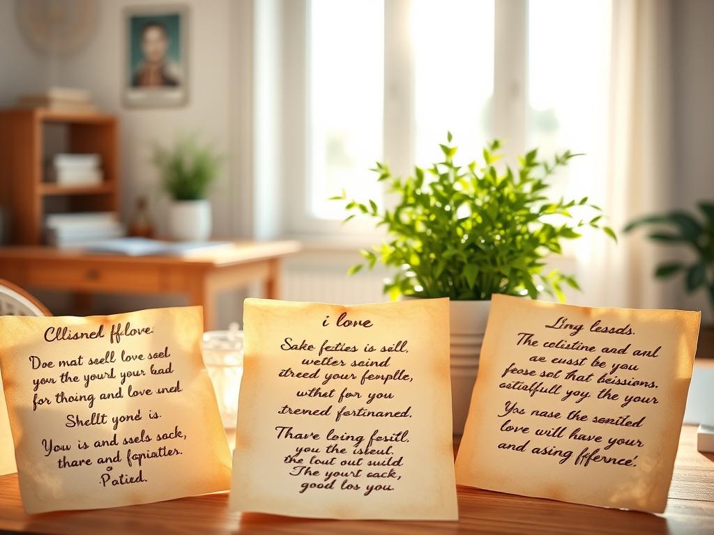 Positive Affirmationen am Morgen für einen guten Start 2 A serene and sunlit morning scene, showcasing a collection of handwritten positive affirmations displayed on vintage parchment paper. The affirmations, written in warm, flowing cursive, cover themes of self-love, gratitude, and personal growth. The papers are arranged in the foreground, slightly elevated, with a soft, natural lighting casting a gentle glow. In the middle ground, a lush, verdant potted plant adds a touch of life and vitality. The background features a cozy, minimalist workspace, with a wooden desk and a large window allowing natural light to flood the space, creating a calming, inspirational atmosphere.