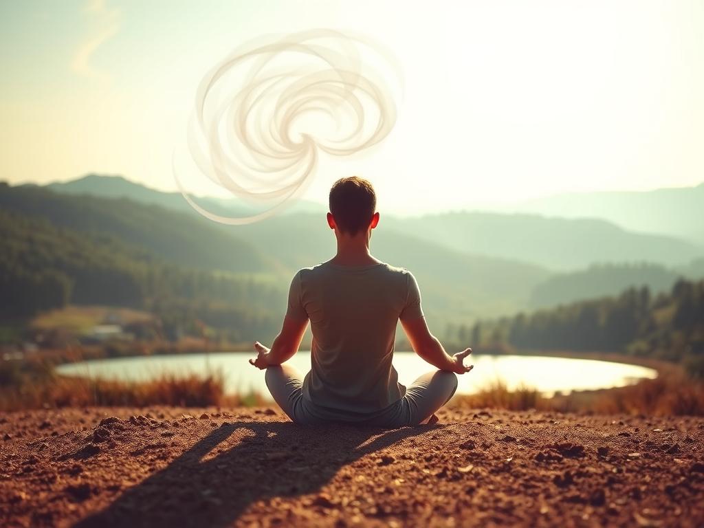 A serene and thoughtful landscape, bathed in soft, diffused light. In the foreground, a person sits in a meditative pose, their eyes closed as they focus inward. Swirling, ethereal energy emanates from their figure, visually representing the transformative process of the subconscious mind. The middle ground features a tranquil pond, its still waters reflecting the sky above and creating a sense of balance and harmony. In the distance, rolling hills and a lush, verdant forest create a peaceful, bucolic setting, evoking a sense of connection to the natural world. The overall mood is one of introspection, growth, and the power of the subconscious to reshape one's reality.