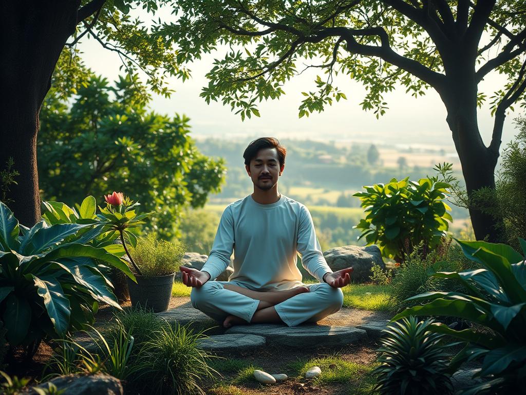 Entfalte Deinen Inneren Reichtum – Erfolgsgeheimnis 2 A serene and tranquil garden setting, with a central figure sitting in a meditative pose, surrounded by lush greenery and natural elements. Soft, diffused lighting filters through the canopy of trees, casting a warm glow on the scene. In the background, a rolling landscape with distant hills and a calming, reflective body of water. The overall atmosphere conveys a sense of inner peace, balance, and personal growth. The figure's expression is one of deep contemplation, radiating a sense of harmony and self-awareness. Detailed textures and intricate patterns in the foliage and natural elements add depth and visual interest to the composition.