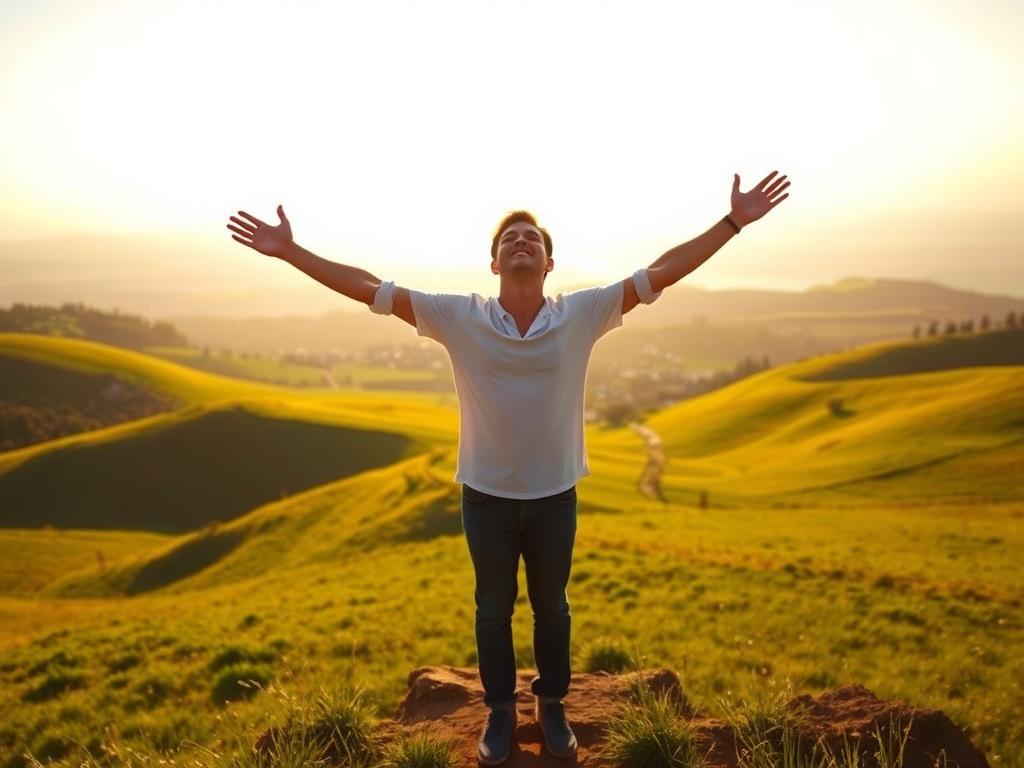 Bindungsangst überwinden – Der Weg zur Liebe 3 A serene and tranquil landscape with rolling hills and lush green meadows, bathed in warm, golden sunlight. In the foreground, a person stands tall and confident, arms outstretched, embracing the freedom and joy of overcoming their fear of attachment. Their expression is one of peace and liberation, as if they have found the courage to open their heart to the possibility of love. In the middle ground, a winding path leads towards a picturesque village, symbolic of the journey towards healthy relationships. The background is a panoramic view of a distant, hazy horizon, evoking a sense of limitless possibilities and a future filled with hope. The overall atmosphere is one of healing, growth, and the empowerment to confront and conquer the challenges of Bindungsangst.