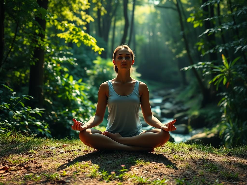 Entdecke Heilung: Geführte Meditation Selbstheilung 1 A serene and tranquil meditation scene takes place in a secluded forest glade. The foreground features a person sitting in a cross-legged lotus position, eyes closed, palms resting on their lap, as they focus inwardly. The middle ground shows lush, verdant foliage with sunlight filtering through the canopy, creating a warm, diffused glow. In the background, a small stream winds its way through the trees, its calming sound adding to the meditative atmosphere. The lighting is soft and natural, enhancing the peaceful ambiance. The overall mood is one of deep relaxation, inner calm, and a sense of being connected to the natural world.