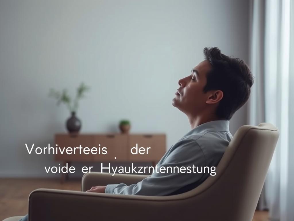 Rauchentwöhnung Hypnose – Der Schlüssel zu Ihrem Erfolg 3 A serene and tranquil scene depicting the benefits of hypnosis for smoking cessation. In the foreground, a person sits in a comfortable chair, eyes closed, deep in a state of focused relaxation. Soft, diffused lighting creates a calming atmosphere, while the background features a minimalist, clean-lined interior design with muted colors. A sense of inner peace and mental clarity radiates from the subject, symbolizing the power of hypnosis to break the smoking habit. The overall composition conveys a message of freedom, control, and self-empowerment, aligning with the theme of "Vorteile der Hypnose zur Rauchentwöhnung".