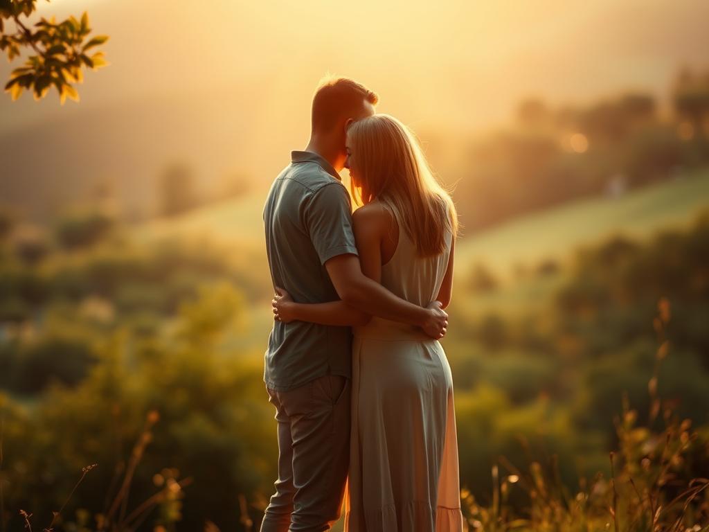 Heilung in der Partnerschaft: Schritte zum Glück 1 A serene and tranquil scene of a couple embracing, surrounded by a warm, healing energy. In the foreground, the partners stand in a loving embrace, their bodies intertwined, conveying a deep sense of connection and trust. In the middle ground, a soft, golden light illuminates the scene, casting a gentle glow and creating an atmosphere of intimacy and healing. In the background, a lush, verdant landscape provides a peaceful, natural setting, suggesting the importance of finding harmony within the relationship. The overall mood is one of renewal, restoration, and the transformative power of healing within the context of a partnership.