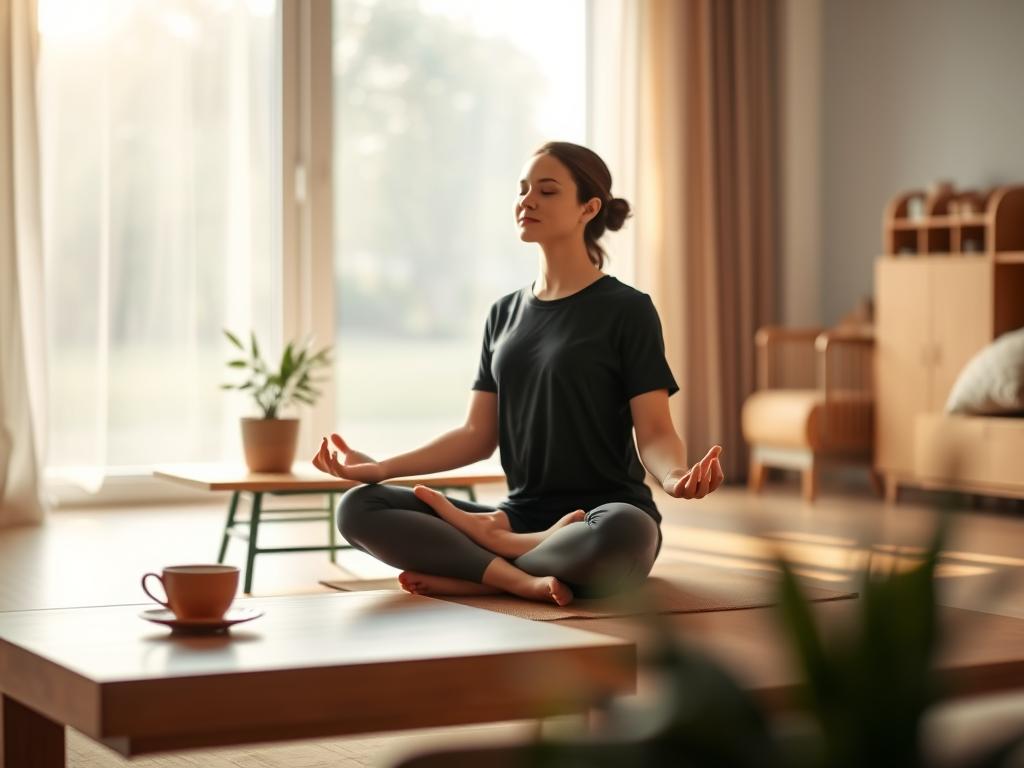 Stärke Dein Füllebewusstsein für ein reiches Leben 4 A serene and tranquil scene of a person practicing mindfulness in their daily routine. In the foreground, a person seated in a peaceful lotus position, eyes closed, hands resting on their lap, radiating an aura of calm and focus. The middle ground features a minimalist, yet cozy domestic setting - a simple wooden table, a potted plant, and a cup of tea. The background is softly blurred, suggesting a sense of timelessness, with natural light filtering in through a large window, casting a warm glow over the entire scene. The overall mood is one of stillness, introspection, and a deep connection to the present moment, embodying the essence of "Achtsamkeit im Alltag".
